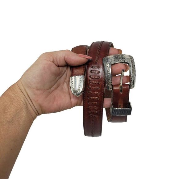 Vtg 90s Mens Cognac Brown Leather Belt Sz 34 Braided Inlay Silver Distressed Buc - Picture 1 of 16